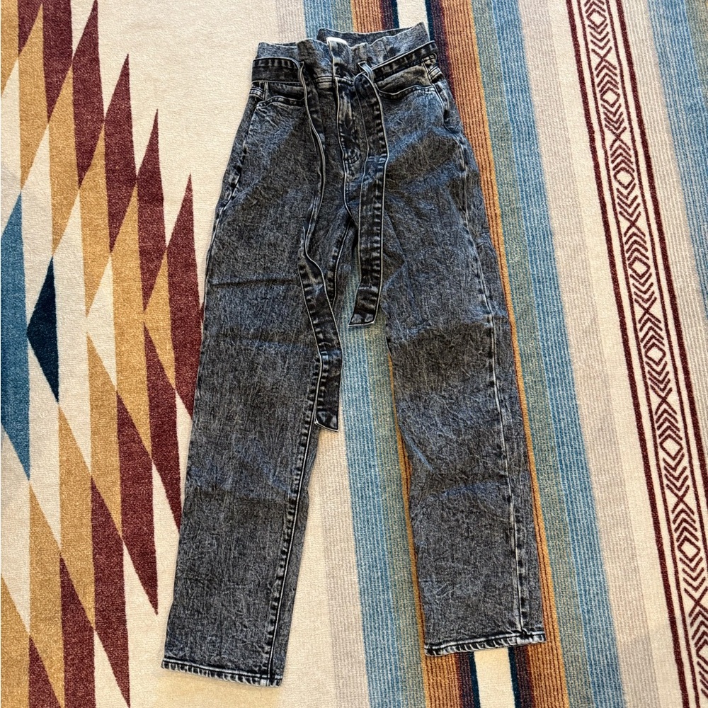 Alice + Olivia Amazing High-Rise Paper-Bag Waist Acid Wash Straight Jeans